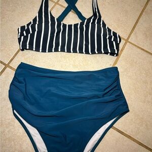 Striped Black and Blue Women's Swim Set